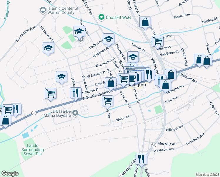 map of restaurants, bars, coffee shops, grocery stores, and more near 136 West Washington Avenue in Washington