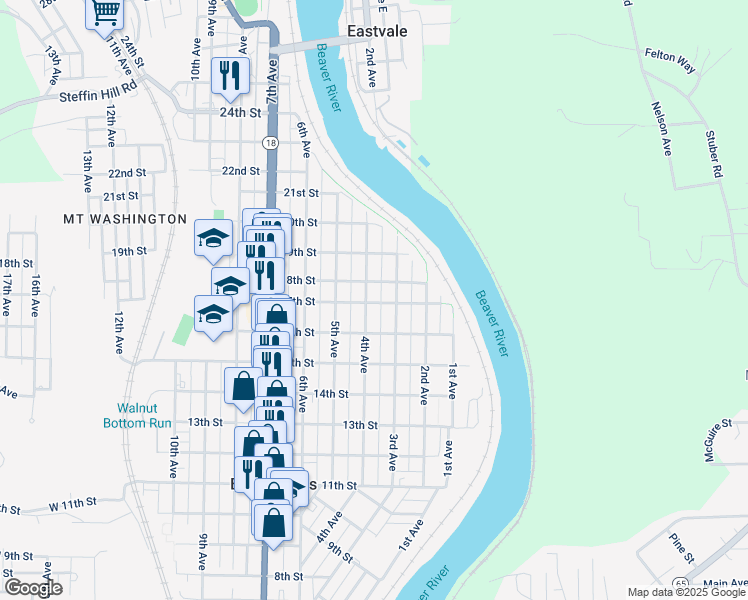 map of restaurants, bars, coffee shops, grocery stores, and more near 314 17th Street in Beaver Falls
