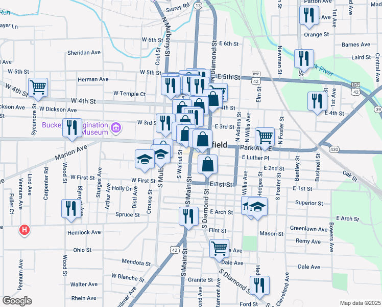 map of restaurants, bars, coffee shops, grocery stores, and more near in Mansfield