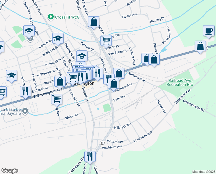 map of restaurants, bars, coffee shops, grocery stores, and more near 37 Vannatta Street in Washington