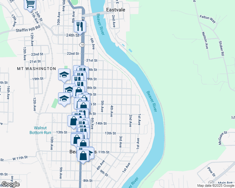 map of restaurants, bars, coffee shops, grocery stores, and more near 314 17th St in Beaver Falls