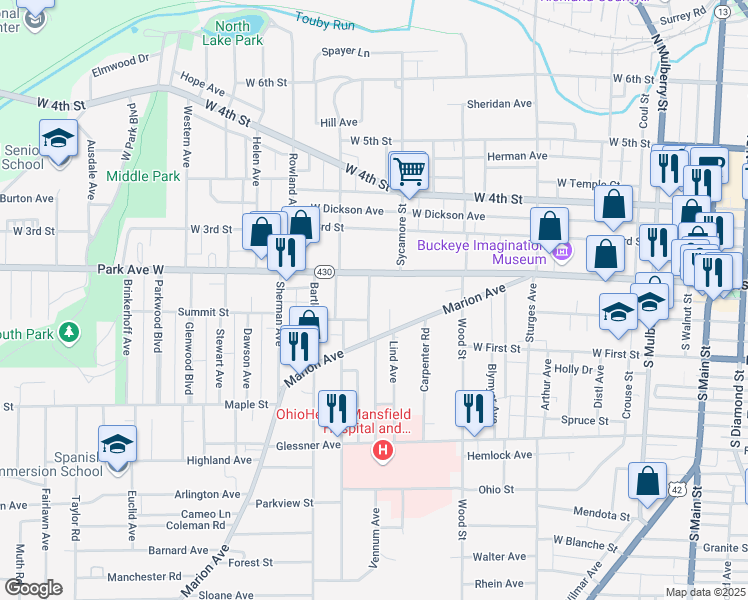 map of restaurants, bars, coffee shops, grocery stores, and more near 29 Douglas Avenue in Mansfield