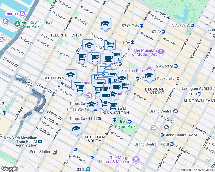 map of restaurants, bars, coffee shops, grocery stores, and more near 1538 Broadway in New York