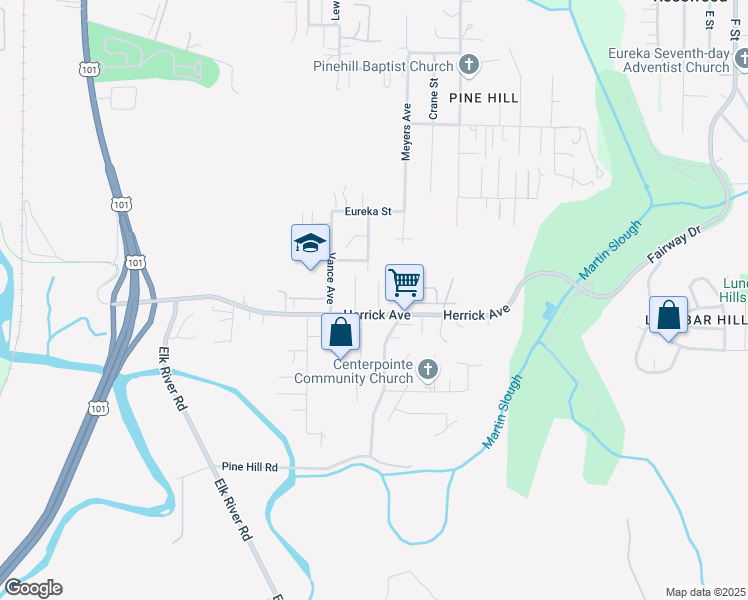 map of restaurants, bars, coffee shops, grocery stores, and more near 5260 Leppek Court in Eureka