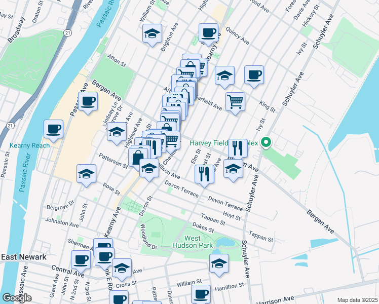map of restaurants, bars, coffee shops, grocery stores, and more near 206 Bergen Avenue in Kearny