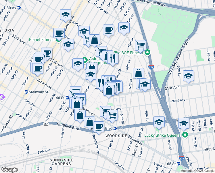 map of restaurants, bars, coffee shops, grocery stores, and more near 50-01 31st Ave in Queens