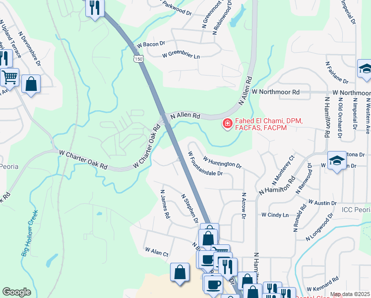 map of restaurants, bars, coffee shops, grocery stores, and more near 2828 West Fountaindale Drive in Peoria
