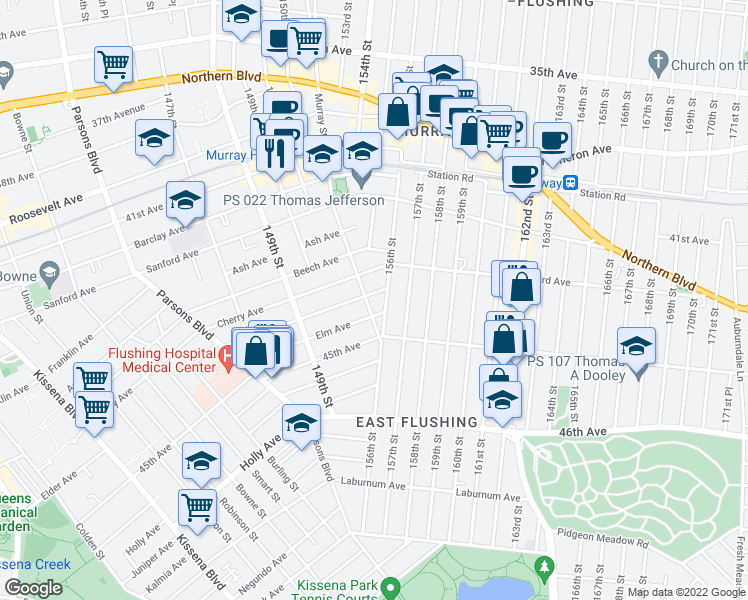 map of restaurants, bars, coffee shops, grocery stores, and more near 43-33 Murray Street in Queens