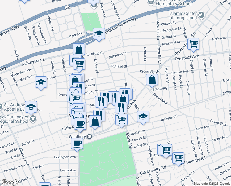 map of restaurants, bars, coffee shops, grocery stores, and more near 465 Dover Street in Westbury