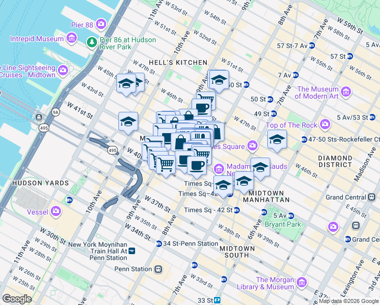map of restaurants, bars, coffee shops, grocery stores, and more near 325 West 42nd Street in New York