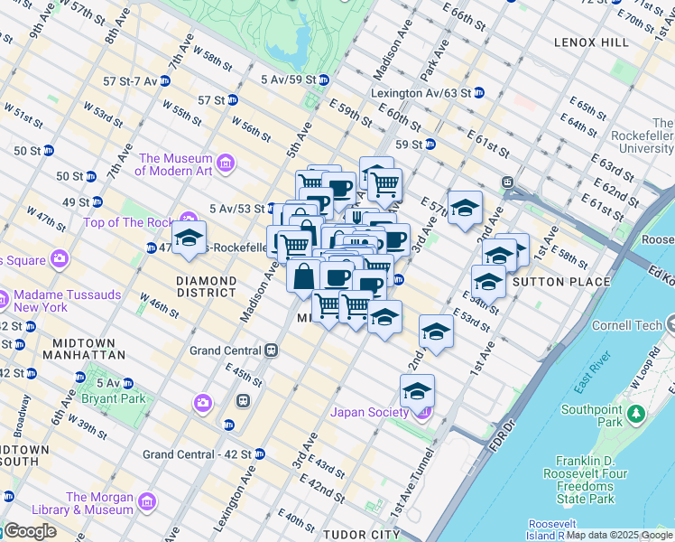 map of restaurants, bars, coffee shops, grocery stores, and more near 345 Park Avenue in New York