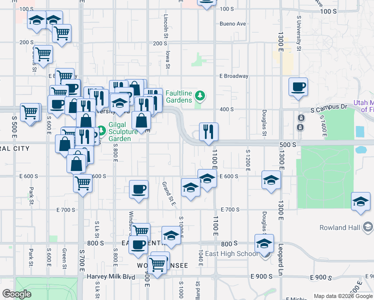 map of restaurants, bars, coffee shops, grocery stores, and more near 515 South 1000 East in Salt Lake City