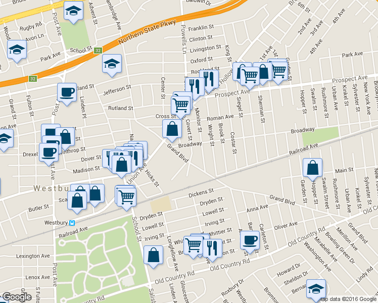 map of restaurants, bars, coffee shops, grocery stores, and more near 243 Covert Street in Westbury