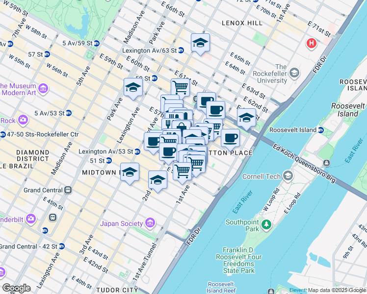 map of restaurants, bars, coffee shops, grocery stores, and more near 305 East 55th Street in New York