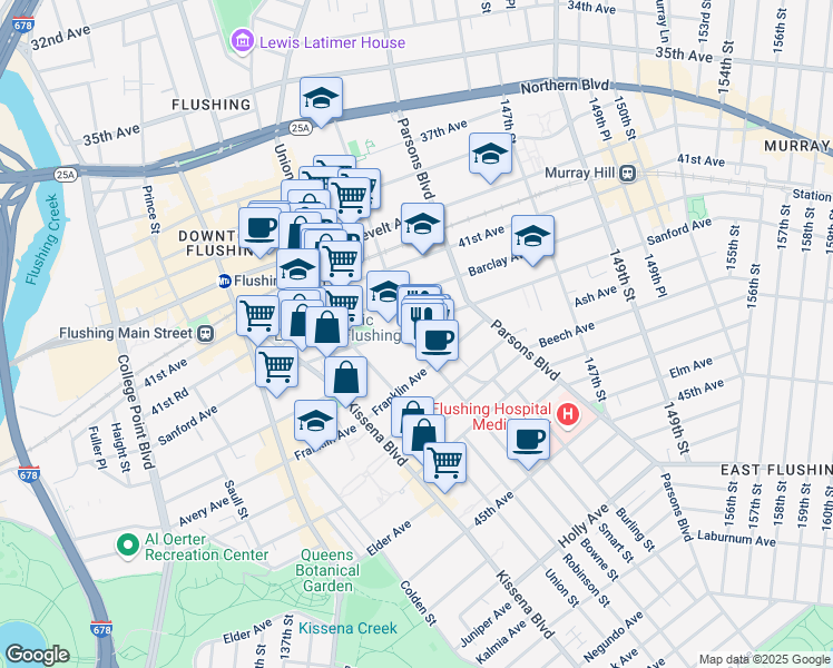 map of restaurants, bars, coffee shops, grocery stores, and more near 143-20 Sanford Avenue in Queens