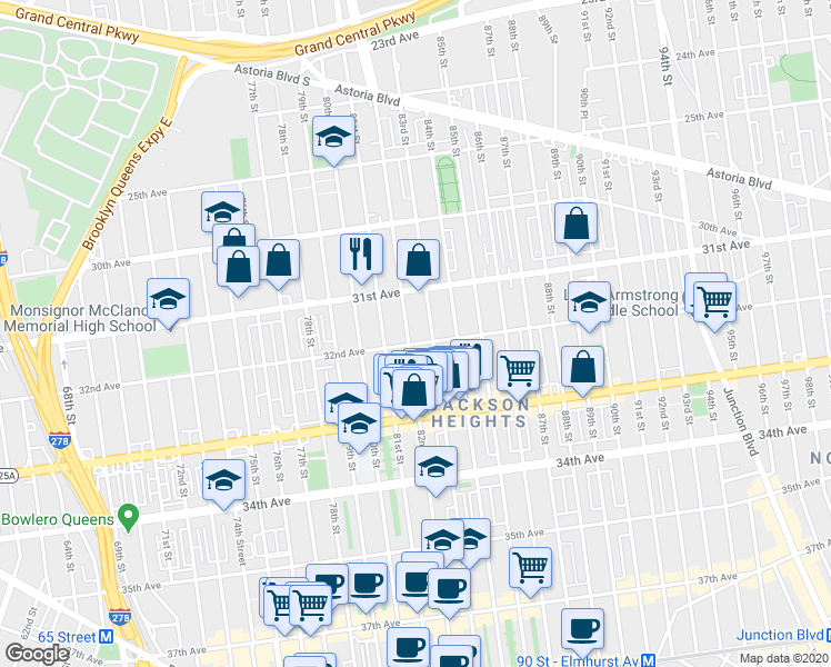 map of restaurants, bars, coffee shops, grocery stores, and more near 31-41 82nd Street in Queens