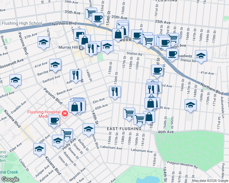 map of restaurants, bars, coffee shops, grocery stores, and more near 43-33 Murray Street in Queens