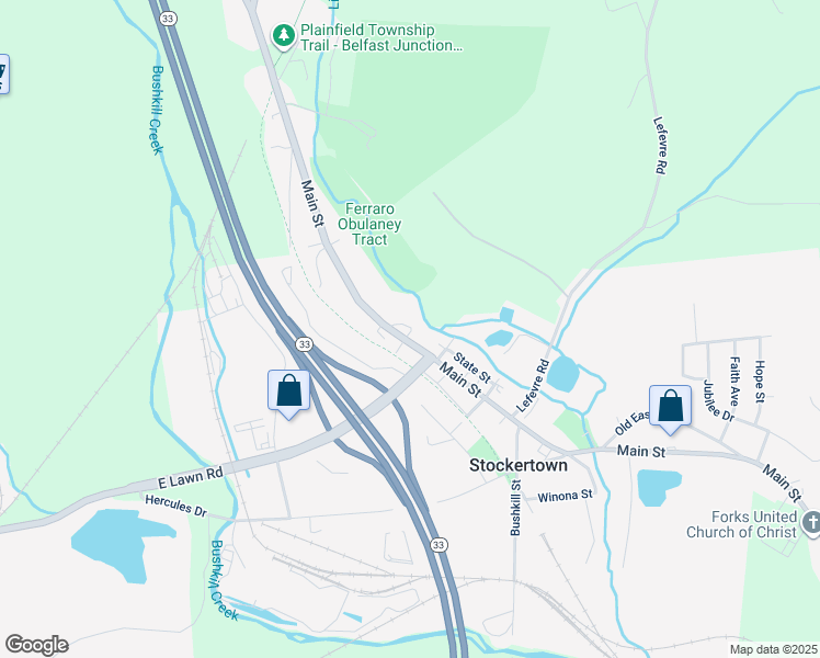 map of restaurants, bars, coffee shops, grocery stores, and more near 427 Main Street in Easton
