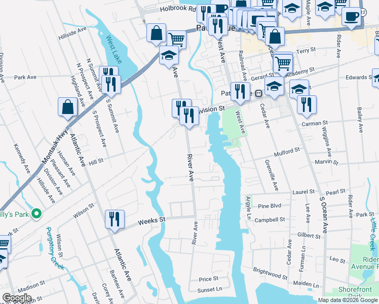 map of restaurants, bars, coffee shops, grocery stores, and more near 195 River Avenue in Patchogue