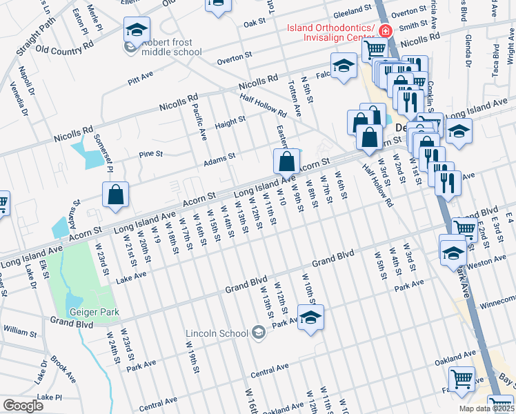map of restaurants, bars, coffee shops, grocery stores, and more near 23 West 12th Street in Deer Park