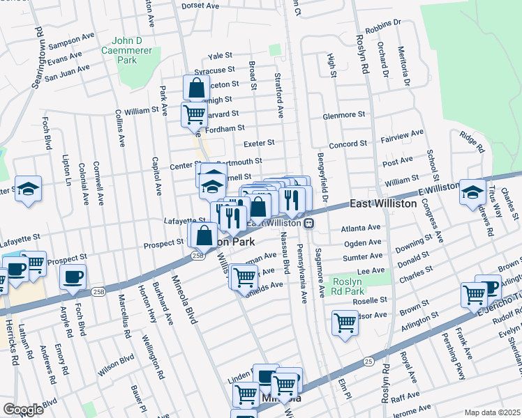 map of restaurants, bars, coffee shops, grocery stores, and more near 24 Broad Street in Williston Park