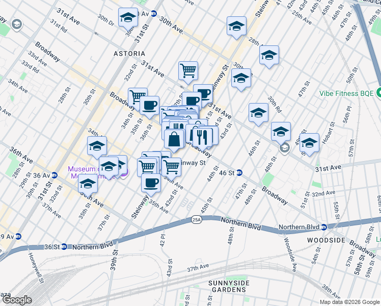 map of restaurants, bars, coffee shops, grocery stores, and more near 32-15 41st Street in Queens