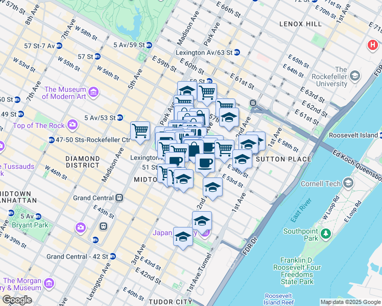 map of restaurants, bars, coffee shops, grocery stores, and more near in New York