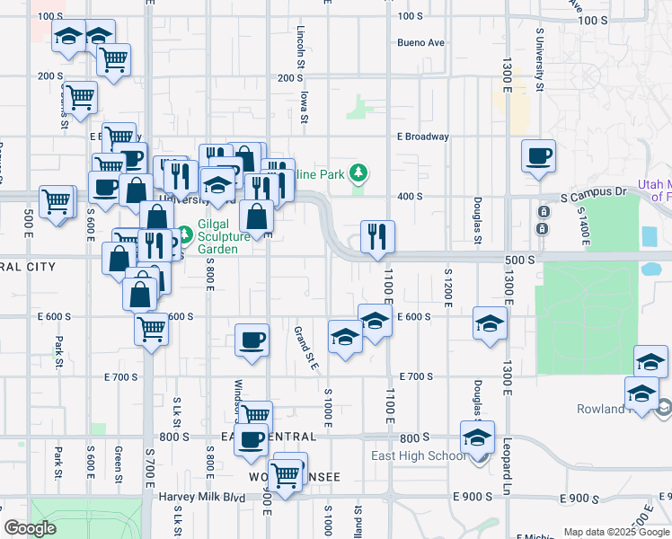 map of restaurants, bars, coffee shops, grocery stores, and more near 976 East 500 South in Salt Lake City