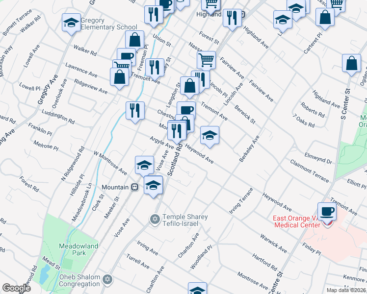 map of restaurants, bars, coffee shops, grocery stores, and more near 480 Heywood Avenue in City of Orange