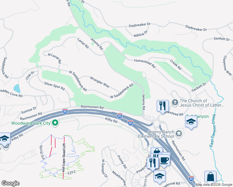 map of restaurants, bars, coffee shops, grocery stores, and more near 3452 Saddleback Road in Park City