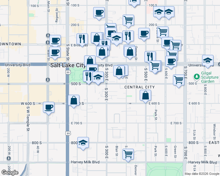map of restaurants, bars, coffee shops, grocery stores, and more near 310 East 500 South in Salt Lake City