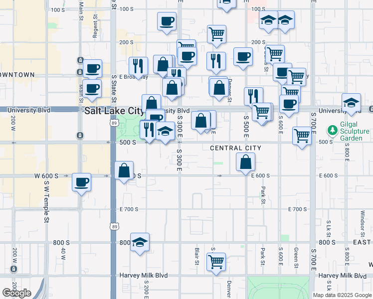 map of restaurants, bars, coffee shops, grocery stores, and more near 523 South 300 East in Salt Lake City