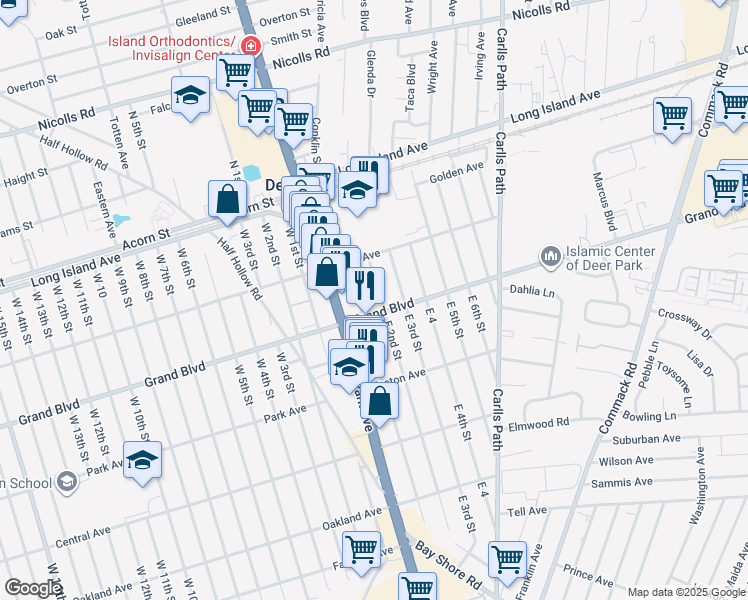 map of restaurants, bars, coffee shops, grocery stores, and more near 98 East 2nd Street in Deer Park