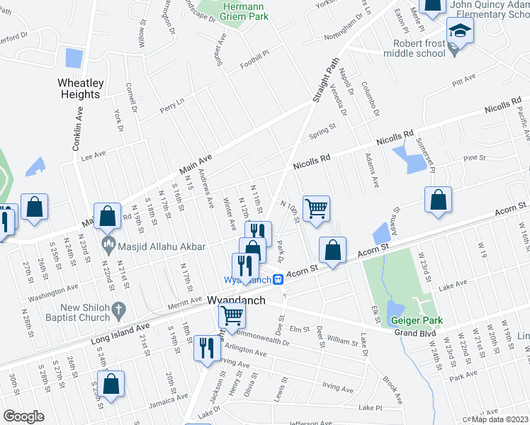 map of restaurants, bars, coffee shops, grocery stores, and more near 9 North 11th Street in Wheatley Heights