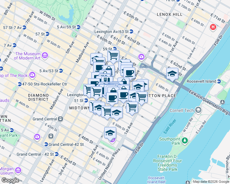 map of restaurants, bars, coffee shops, grocery stores, and more near in New York