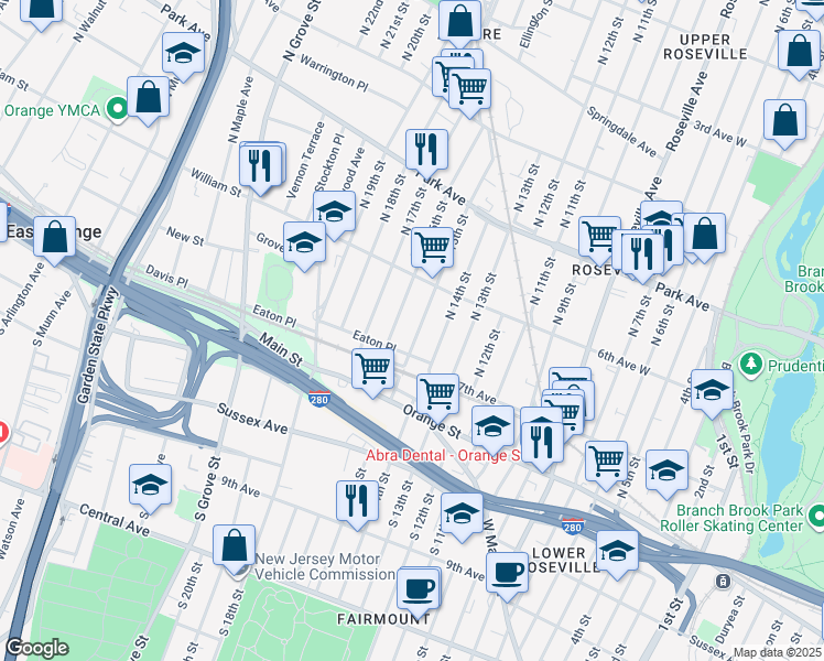 map of restaurants, bars, coffee shops, grocery stores, and more near 14 North 16th Street in East Orange
