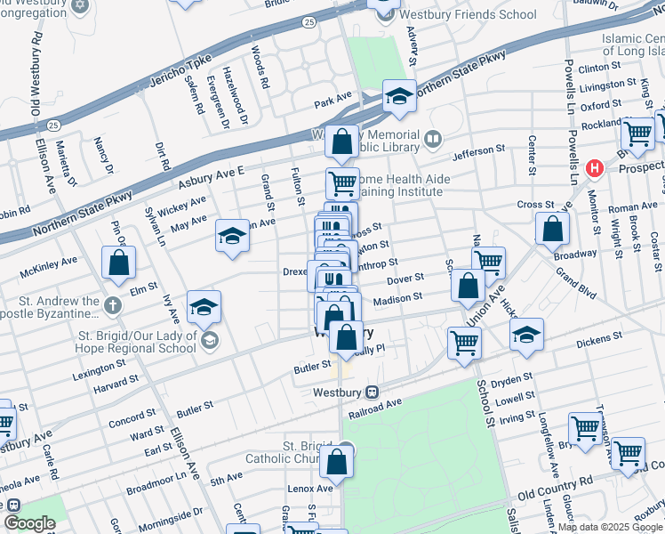 map of restaurants, bars, coffee shops, grocery stores, and more near 249 Drexel Avenue in Westbury