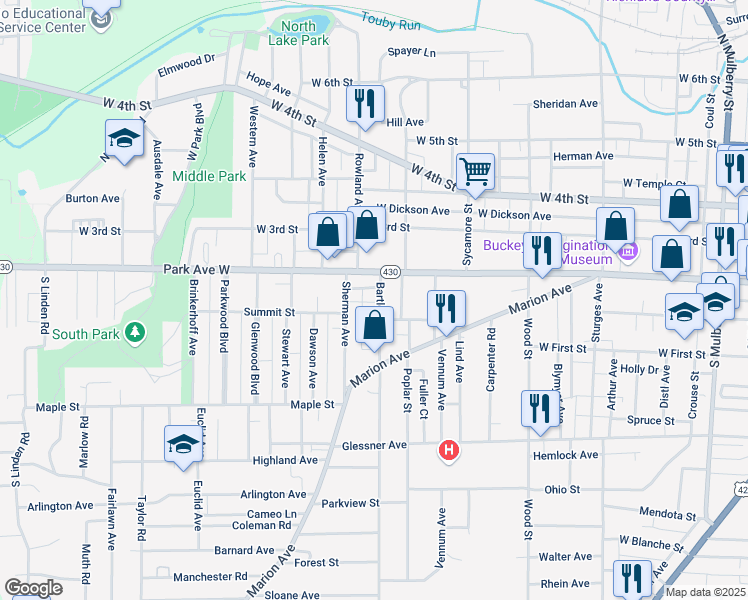 map of restaurants, bars, coffee shops, grocery stores, and more near 28 Bartley Avenue in Mansfield