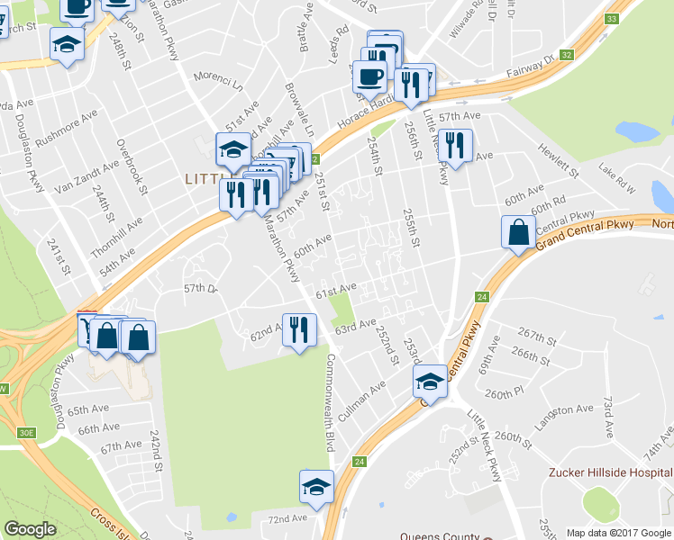 map of restaurants, bars, coffee shops, grocery stores, and more near 60-36 251st Street in Queens