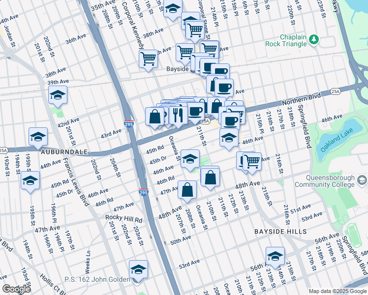 map of restaurants, bars, coffee shops, grocery stores, and more near 209-19 45th Drive in Queens