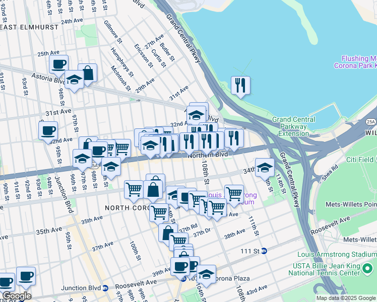 map of restaurants, bars, coffee shops, grocery stores, and more near 107-20 Northern Boulevard in Queens