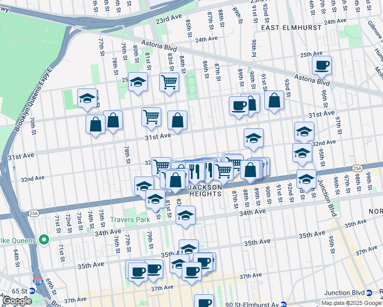 map of restaurants, bars, coffee shops, grocery stores, and more near 31-48 84th Street in Queens
