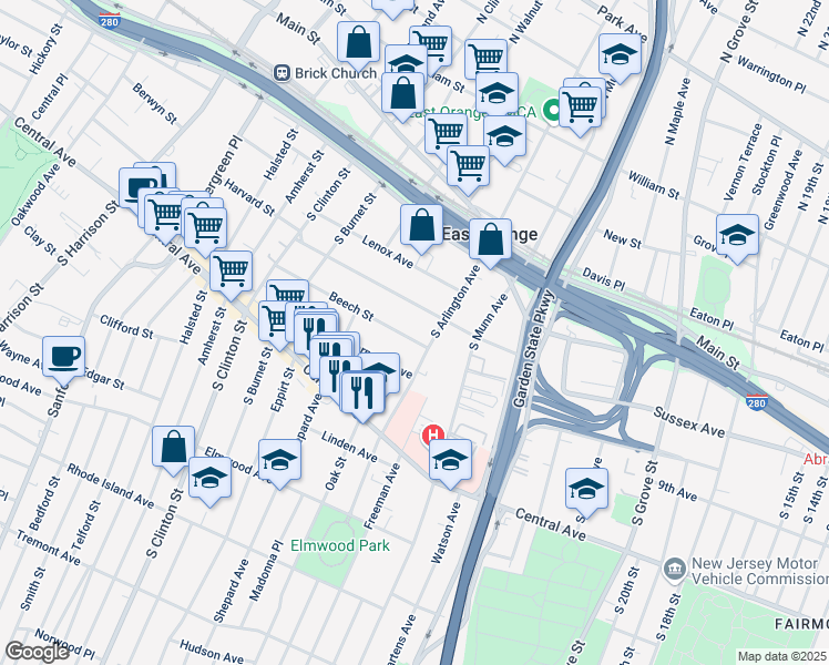 map of restaurants, bars, coffee shops, grocery stores, and more near 16 Beech Street in East Orange