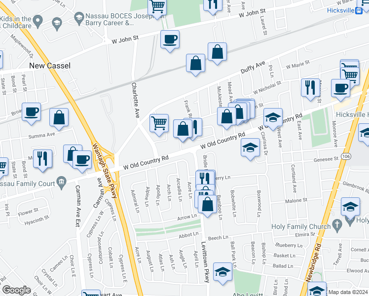 map of restaurants, bars, coffee shops, grocery stores, and more near 502 West Old Country Road in Hicksville