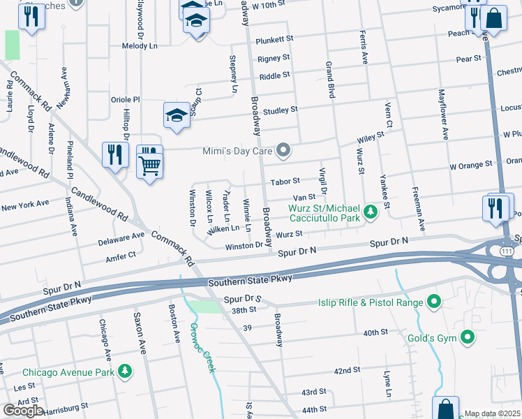 map of restaurants, bars, coffee shops, grocery stores, and more near 879 Broadway in Brentwood