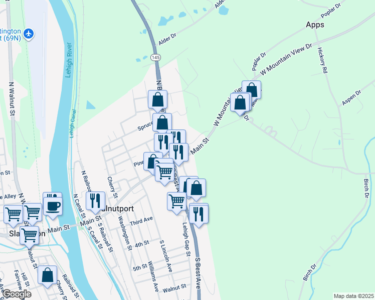 map of restaurants, bars, coffee shops, grocery stores, and more near 524 Old Main Street in Walnutport