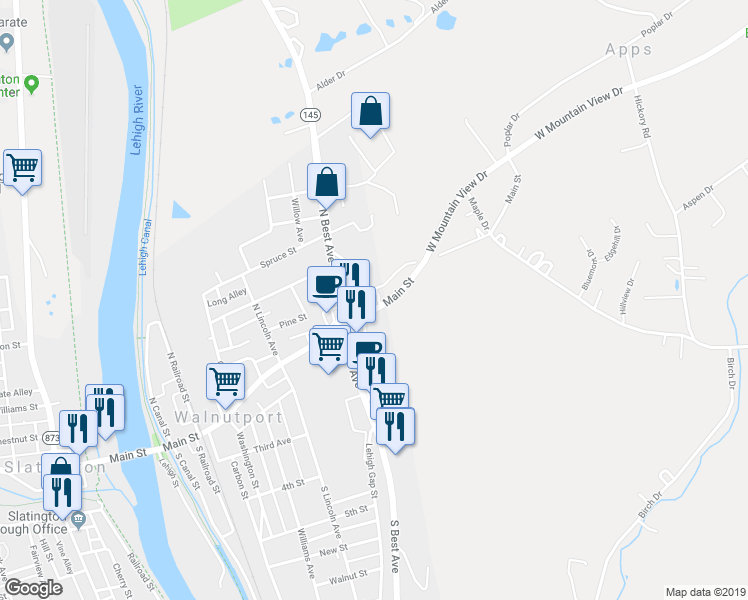map of restaurants, bars, coffee shops, grocery stores, and more near 524 Old Main Street in Walnutport