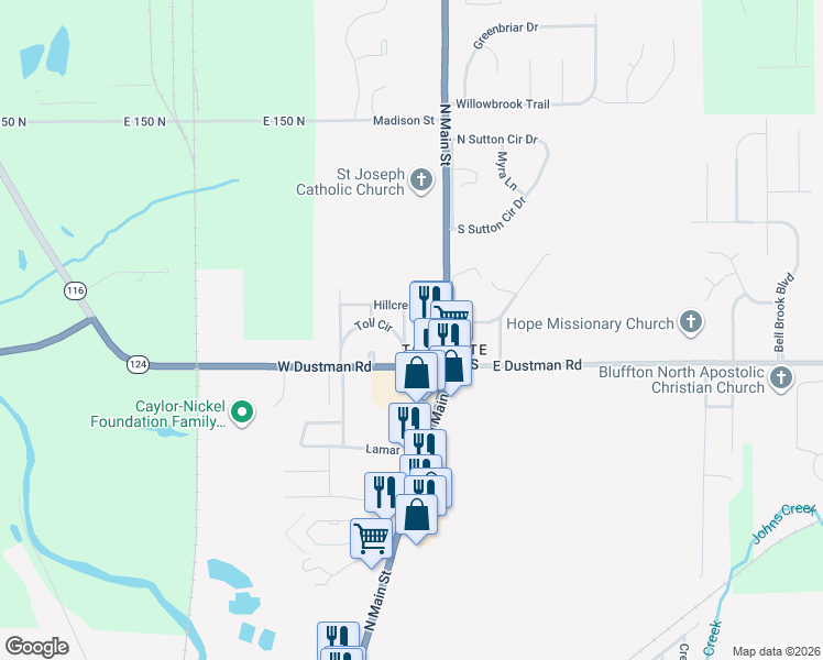 map of restaurants, bars, coffee shops, grocery stores, and more near 1415 Garr Street in Bluffton