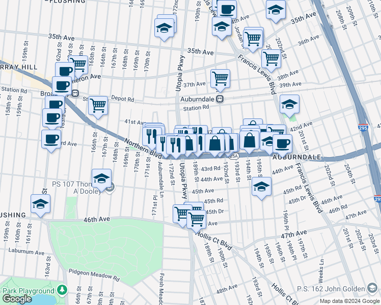 map of restaurants, bars, coffee shops, grocery stores, and more near 188-15 Northern Boulevard in Queens