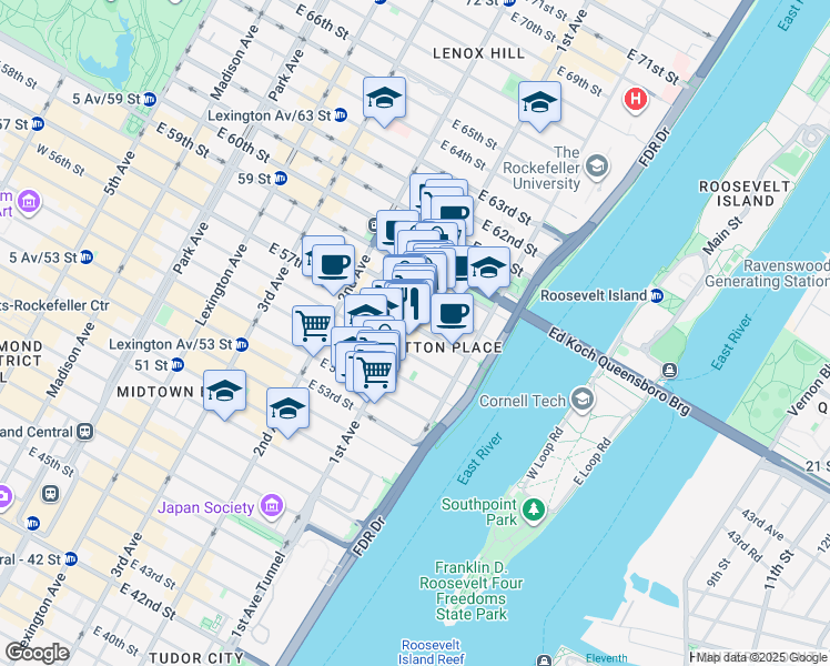 map of restaurants, bars, coffee shops, grocery stores, and more near 400 East 57th Street in New York